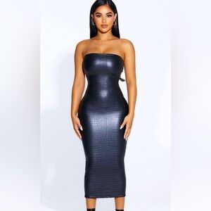 JLUXLABEL Tube Bodycon Midi Length Dress In Black Faux Leather Crocodile Print S